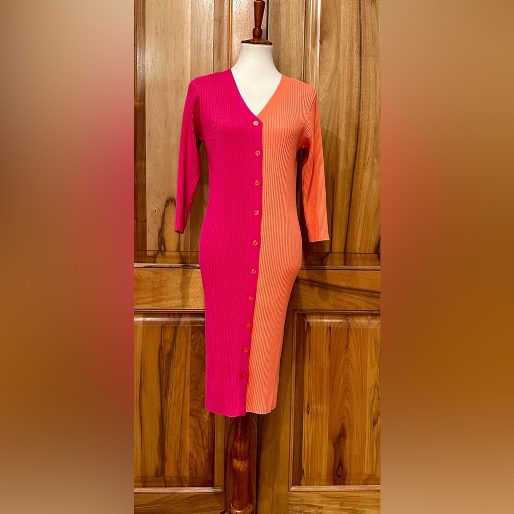 BCBG Paris - Pink/Orange Rib-Knit Two-Tone Sweater Dress - EUC - XL